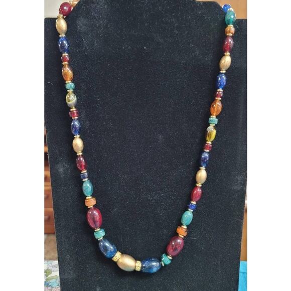 LEI Jewel Tone Multi Color Glass Beaded Necklace Opaque Graduated Necklace - Picture 1 of 9